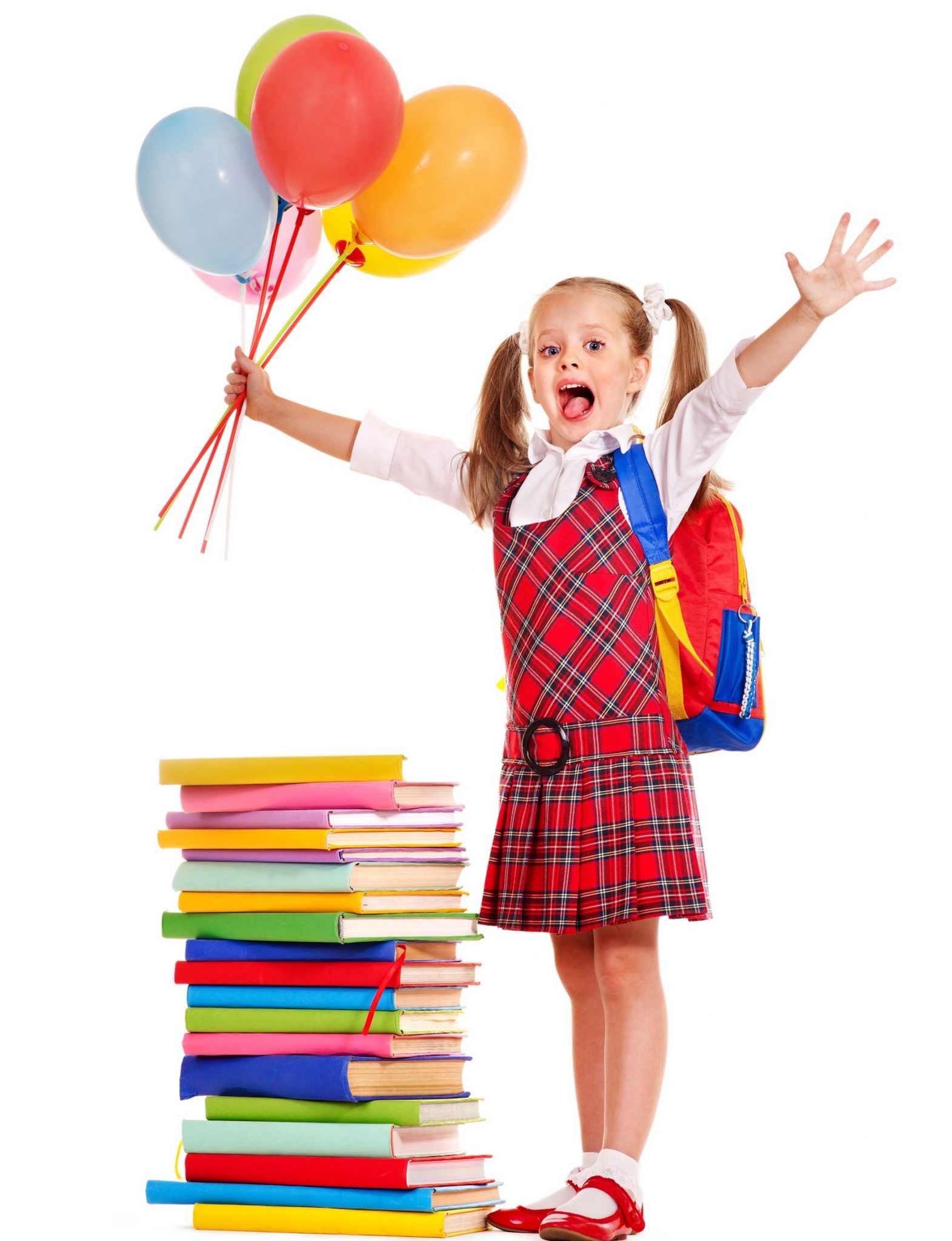 19556945 - child with book holding balloon. isolated on white.