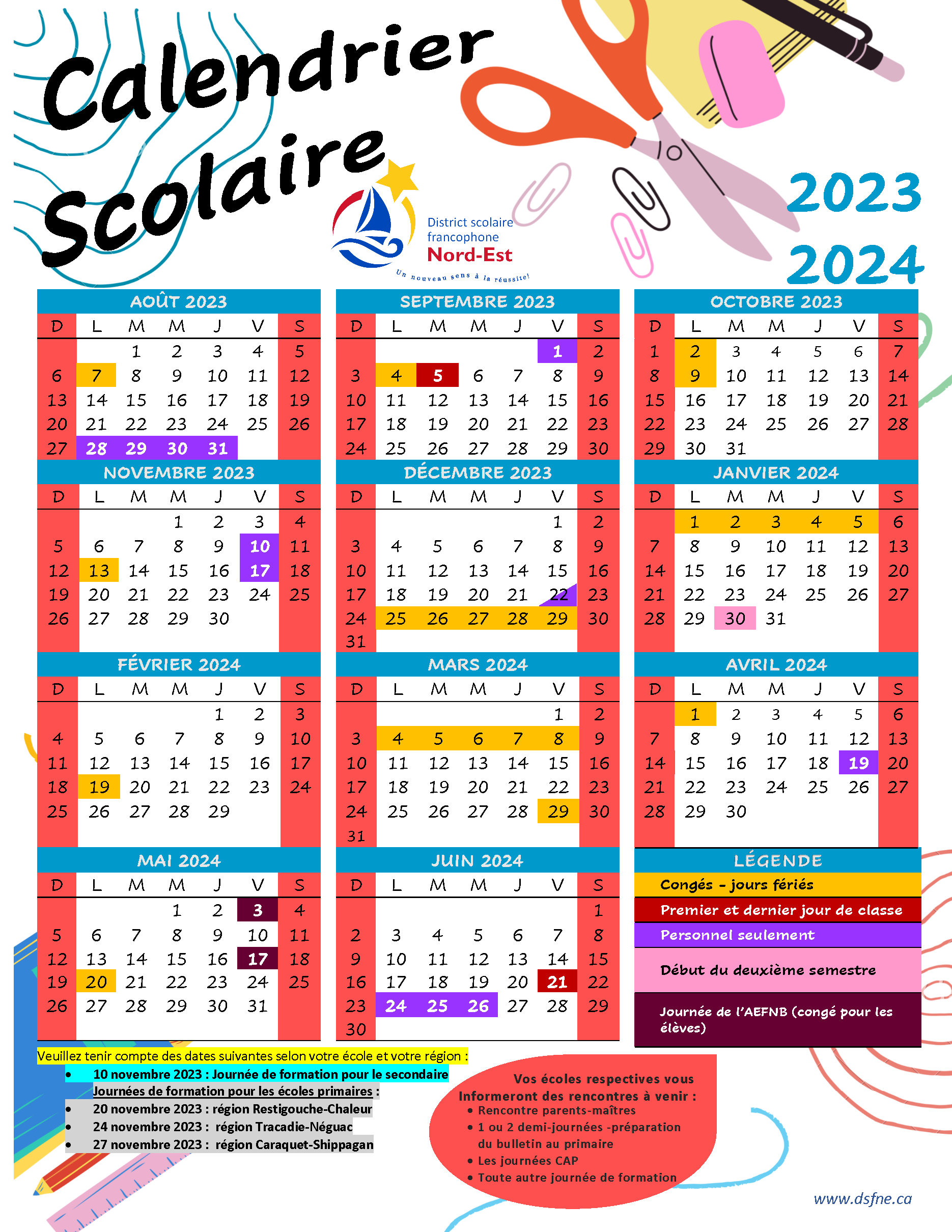 Calendriers scolaires 2023-2024 - DSFNE