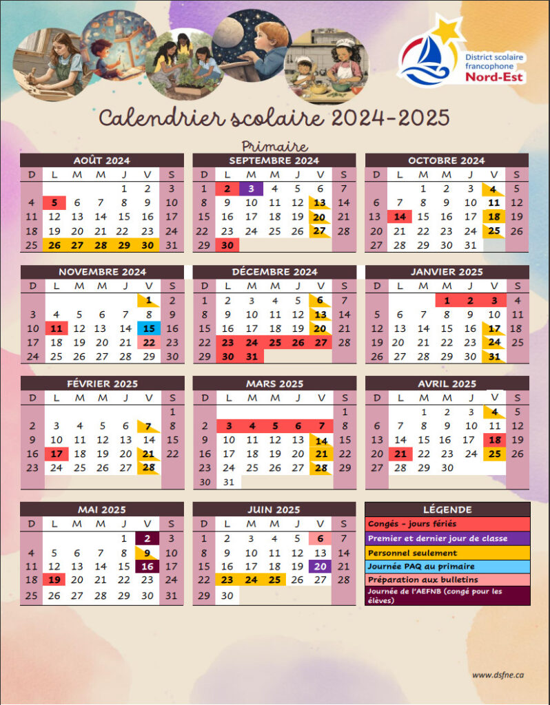 Calendriers scolaires 20242025 District scolaire francophone NordEst